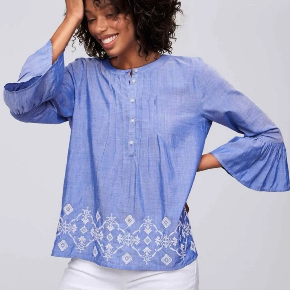 LOFT Embroidered Boho Ruffle Sleeved Top - Picture 1 of 10